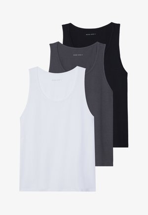 Tre tank topper vises: en hvit, en mørkegrå og en svart. Laget av myk tekstil med runde halslinjer og uten fremtredende mønstre.