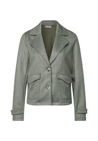 Green faux leather jacket with a collar, two front pockets, and button closures. Features a structured design and smooth texture.