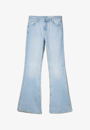 Light blue flared jeans made of denim, featuring a mid-rise waist, front pockets, and classic stitching along the seams and hem.