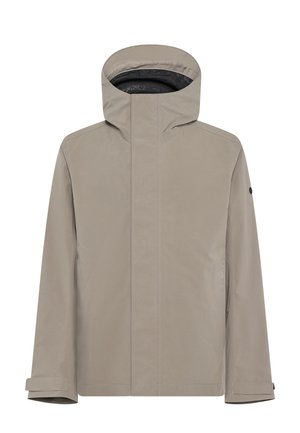 Lichtgrijze waterdichte jas met een hoge kraag en capuchon. Voorzien van subtiele stiksels, een rits aan de voorkant en praktische manchetdetails.