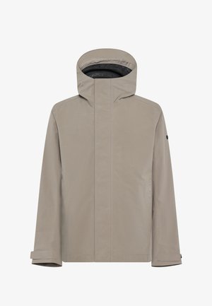 Hellgraue wasserdichte Jacke mit hohem Kragen und Kapuze. Verfügt über dezente Nähte, einen Frontreißverschluss und praktische Bündchen-Details.