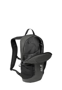 Grauem Rucksack mit einem Hauptfach mit Reißverschluss, Netzseitentaschen, gepolsterten Trägern und einem Griff an der Oberseite für einfachen Transport.