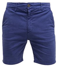 Shorts décontractés pour hommes en bleu, avec fermeture par bouton et fermeture éclair, passants pour ceinture et poches latérales avant.