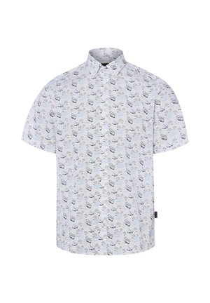 Weißes kurzärmeliges Hemd mit Knöpfen und Kragen, mit einem sich wiederholenden Muster aus kleinen blauen und schwarzen Flugzeugen und Wolken.