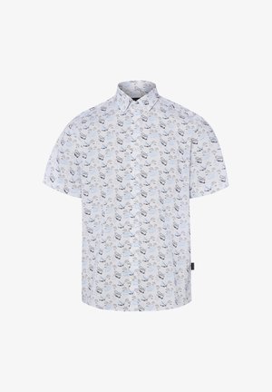 Weißes kurzärmeliges Hemd mit Knöpfen und Kragen, mit einem sich wiederholenden Muster aus kleinen blauen und schwarzen Flugzeugen und Wolken.