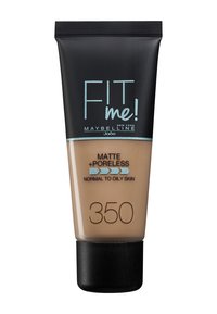 Matte foundation tube with a black cap, light brown product, and teal lettering, labeled "FIT me! Matte + Poreless 350 for normal to oily skin."