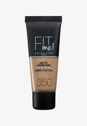Tube de fond de teint mat avec un capuchon noir, produit marron clair et lettrage teal, étiqueté "FIT me! Mat + Lisse 350 pour peau normale à grasse."