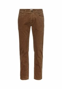 Pantalons en velours côtelé marron avec une coupe droite, dotés de quatre poches, d'une fermeture à bouton et d'un motif texturé subtil.