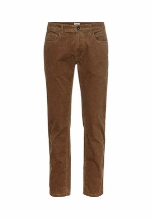 Pantalons en velours côtelé marron avec une coupe droite, dotés de quatre poches, d'une fermeture à bouton et d'un motif texturé subtil.