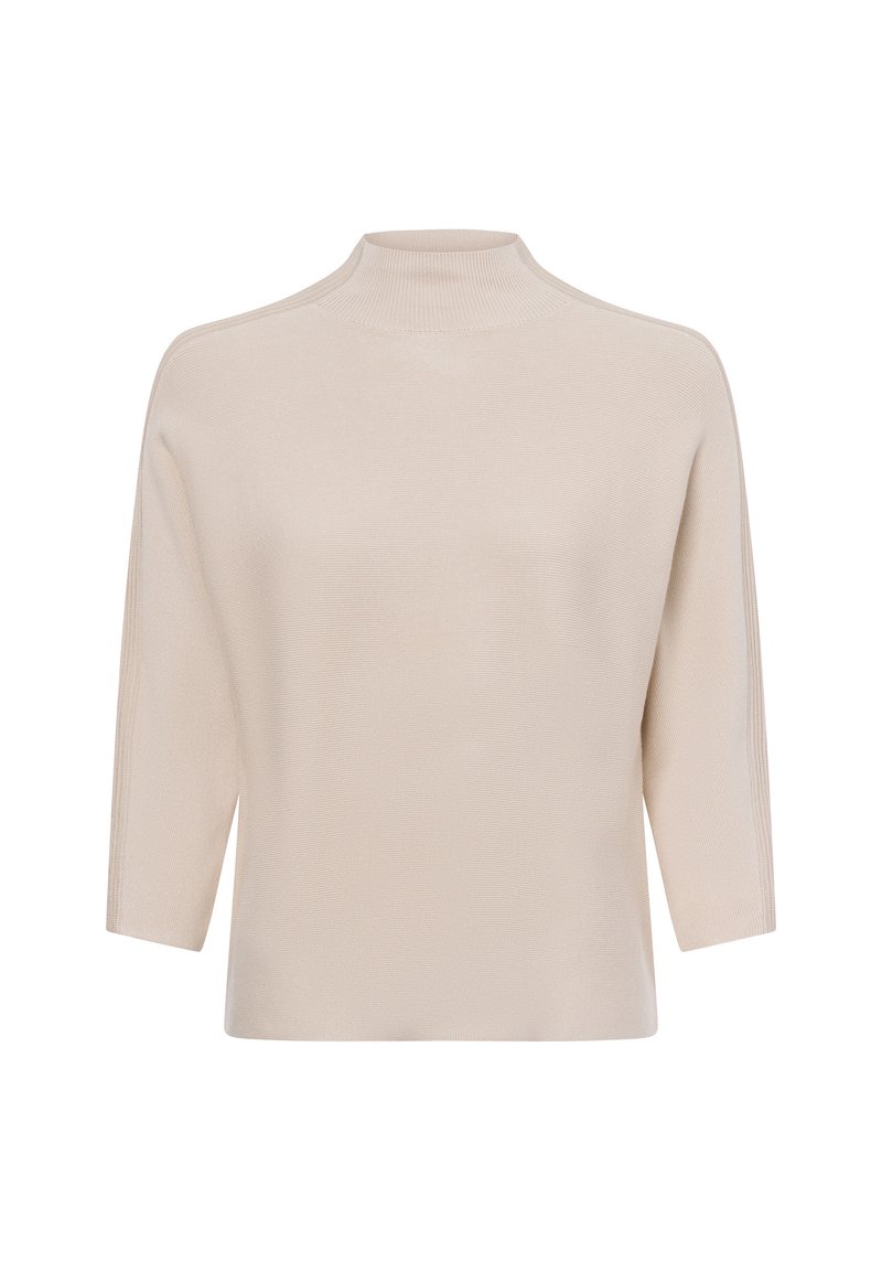 Maglione lavorato a maglia beige con collo alto, maniche a tre quarti e texture a costine. Design semplice senza decorazioni.