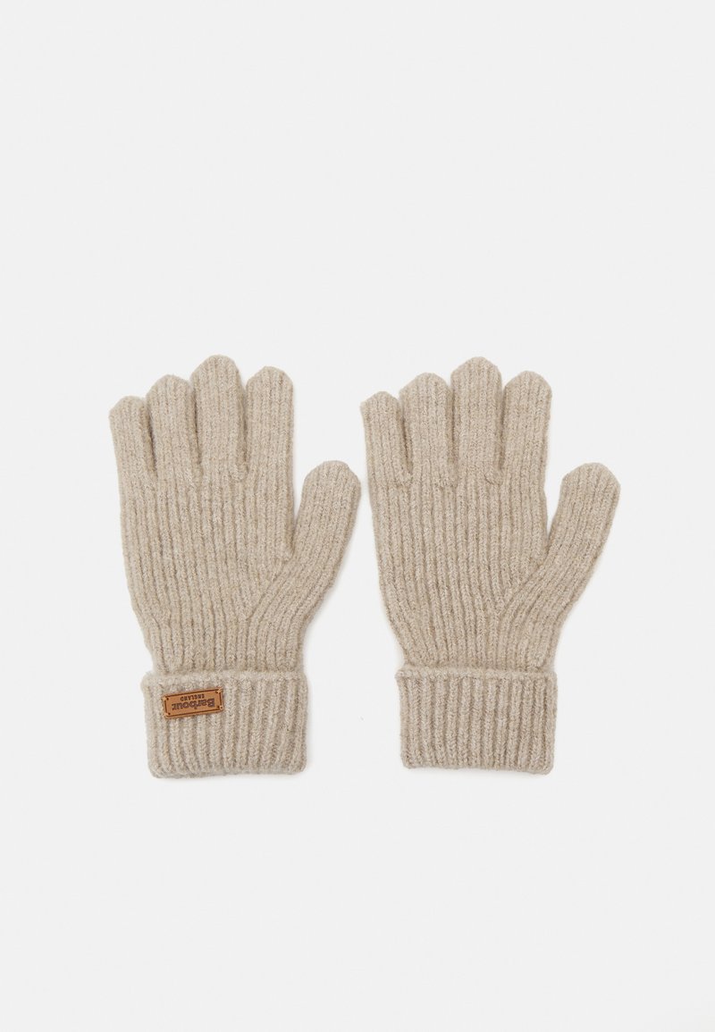 Beige bordázott kötött kesztyű strukturált felülettel. Kifordítható dizájn, és egy kis bőr folt az egyik csuklón.
