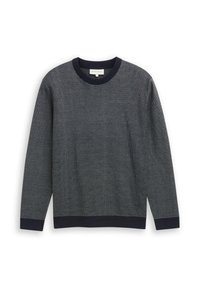 Dunkelblauer Strickpullover mit strukturiertem Muster, Rundhalsausschnitt und kontrastierenden Rippbündchen an den Ärmelenden und dem Saum. Lange Ärmel, normale Passform.