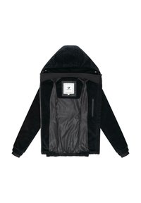 Black hooded jacket featuring a smooth exterior, zip closure, and large front pockets. Interior is lined with a textured fabric.