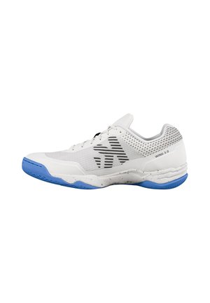 White sports shoe with blue sole, black stripe pattern on the side, and "WING 3.0" text near the heel.