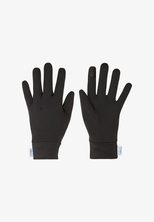 Schwarze leichte Handschuhe mit touchscreen-kompatiblem Spitzen am rechten Zeigefinger, ROXY Markenetiketten und subtiler Markierung auf der Rückseite des linken Handschuhs.