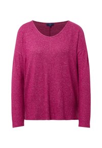 Damski sweter z długim rękawem w melanżowanym ciemnoróżowym kolorze, z szerokim dekoltem w serek i luźnym krojem.