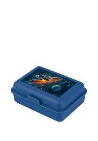 Lunch box di plastica blu con un grafiche di un'astronave sul coperchio, caratterizzato da uno sfondo spaziale colorato con pianeti e stelle. Forma rettangolare.