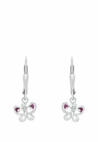 Orecchini a forma di farfalla in argento con gemme rosa sui lembi superiori, attaccati a ganci a leverback.
