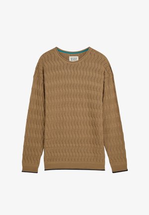 Maglione marrone chiaro a maniche lunghe con motivo a onde testurizzato, polsini e orlo a coste e scollo rotondo con etichetta del marchio all'interno.