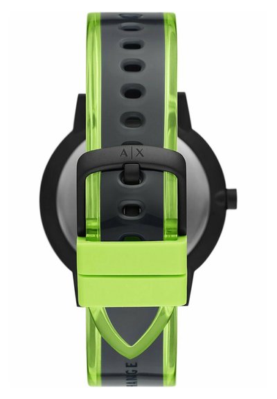 Cinturino per orologio in silicone verde e grigio con fibbia nera. Presenta un accento verde chiaro e numerosi fori di regolazione per adattarsi alle dimensioni.