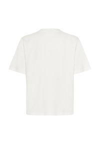 Weißes T-Shirt mit kurzen Ärmeln aus weicher Baumwolle, mit klassischem Rundhalsausschnitt und schlichtem, unauffälligem Design.