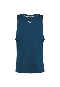 Mouwloos sporttanktop in donkerteal stof, met een ronde halslijn en een wit Puma-logo op de borst. Gladde textuur.