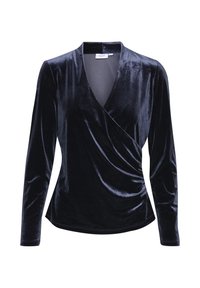 Navy blue velvet top with long sleeves, V-neckline, and wrap design. Smooth texture with gentle draping at the waist.