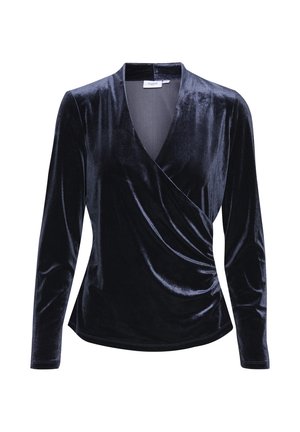 Navyblauwe fluwelen top met lange mouwen, V-hals en wikkelontwerp. Soepele textuur met zachte draping bij de taille.