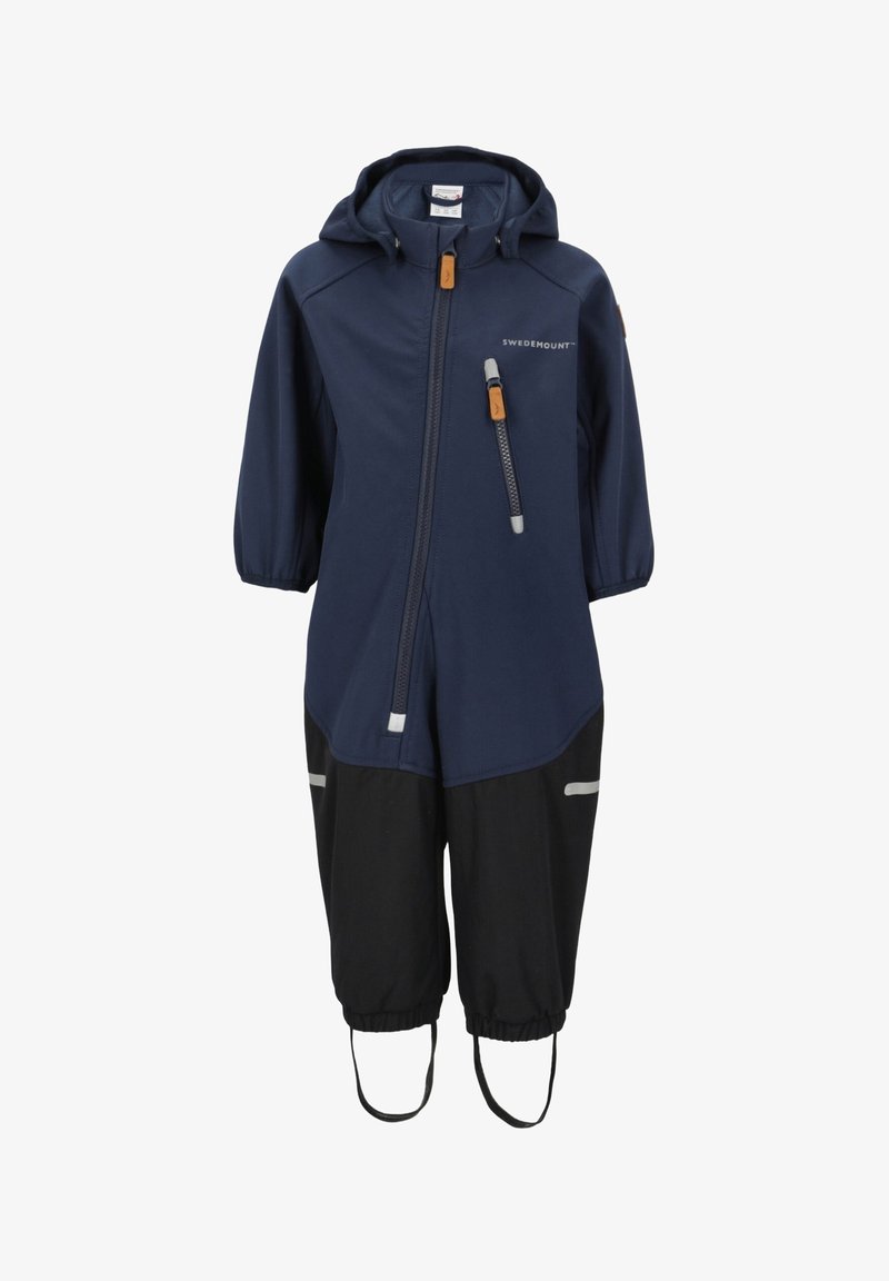 Navy blue weatherproof overall with a hood, zippered front, elastic cuffs, and black pant sections featuring reflective accents. Lightweight fabric.