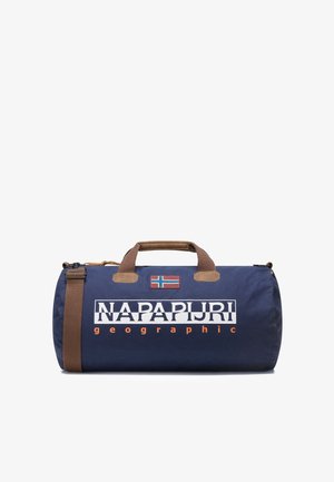 Navy blue cylindrical duffel bag with brown handles and strap, Napapijri logo and Norwegian flag patch on the front.