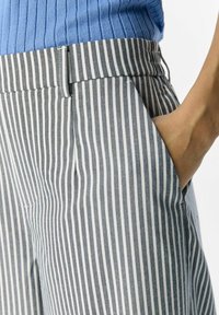 Grau und weiß gestreifte Hose mit seitlichen Taschen und flachem Bund. Der Stoff weist eine glatte Textur auf, die die maßgeschneiderte Passform und die Designdetails hervorhebt.
