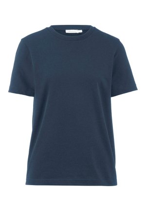 Marineblaues Rundhalsausschnitt-T-Shirt aus weicher Baumwolle, mit kurzen Ärmeln, einem lockeren Schnitt und einem schlichten Design ohne Muster oder Akzente.