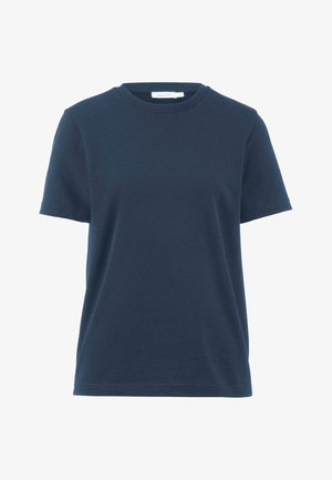 Marineblaues Rundhalsausschnitt-T-Shirt aus weicher Baumwolle, mit kurzen Ärmeln, einem lockeren Schnitt und einem schlichten Design ohne Muster oder Akzente.