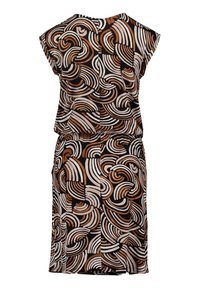 Kurzes Kleid mit einem wirbelnden Muster in Braun, Weiß und Schwarz. Hergestellt aus weichem Stoff mit lockerer Passform und elastischem Bund.
