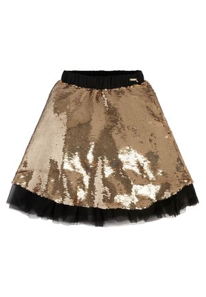 Jupe trapèze à sequins dorés avec taille élastique noire et bordure en tulle noir le long de l’ourlet.