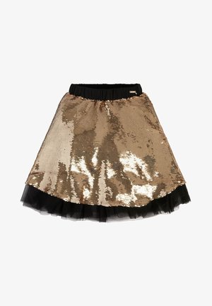 Guld paliet A-linje nederdel med sort elastisk taljebånd og sort tylkant langs kanten.