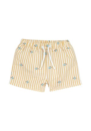 Żółto-białe spodenki w paski z elastycznym pasem, ozdobione małymi niebieskimi rybkami i białym sznurkiem do regulacji.