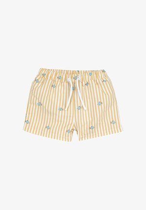 Shorts rayés jaunes et blancs avec une taille élastique, arborant de petits motifs de poissons bleus et un cordon de serrage blanc.