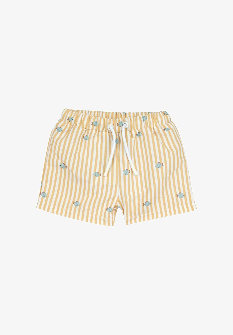 Shorts rayés jaunes et blancs avec une taille élastique, arborant de petits motifs de poissons bleus et un cordon de serrage blanc.