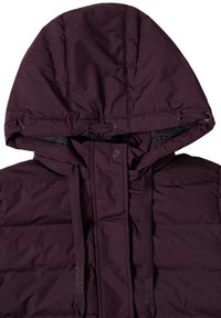 Giacca padded viola con cappuccio, dotato di cordini regolabili e chiusura con bottoni a pressione al centro davanti.