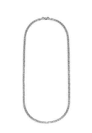 Silver chain necklace with intricate, rectangular linked design and lobster clasp closure on a white background.