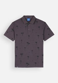 Polo shirt violet foncé avec un motif de palmiers noirs, patte de boutonnage à trois boutons et manches courtes. Fait en tissu respirant.