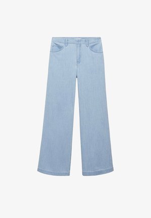 Hellblaue Denim-Hosen mit weitem Bein und hoher Taille, mit Fronttaschen und geradem Schnitt, die über minimale Nähte und eine saubere Verarbeitung verfügen.