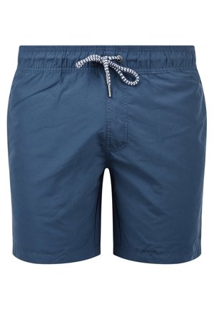 Blue swim shorts made of lightweight fabric, featuring an elastic waistband with a white patterned drawstring and a single front pocket.