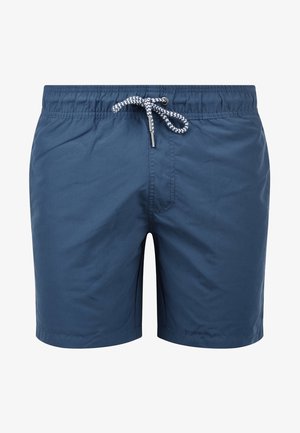 Pantalones cortos de baño azules hechos de tela ligera, con una cintura elástica con cordón blanco con estampado y un solo bolsillo delantero.