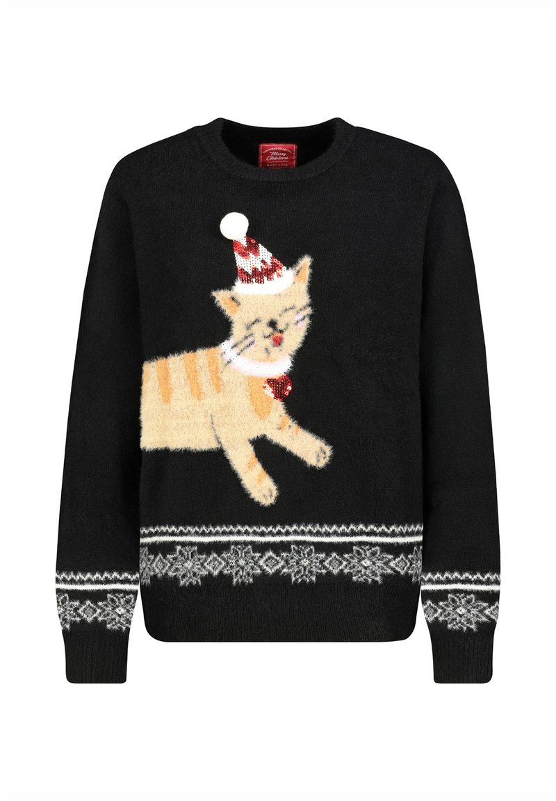 Black sweater with a fluffy orange cat design wearing a red and white striped hat. Features white snowflake patterns on the hem and cuffs.