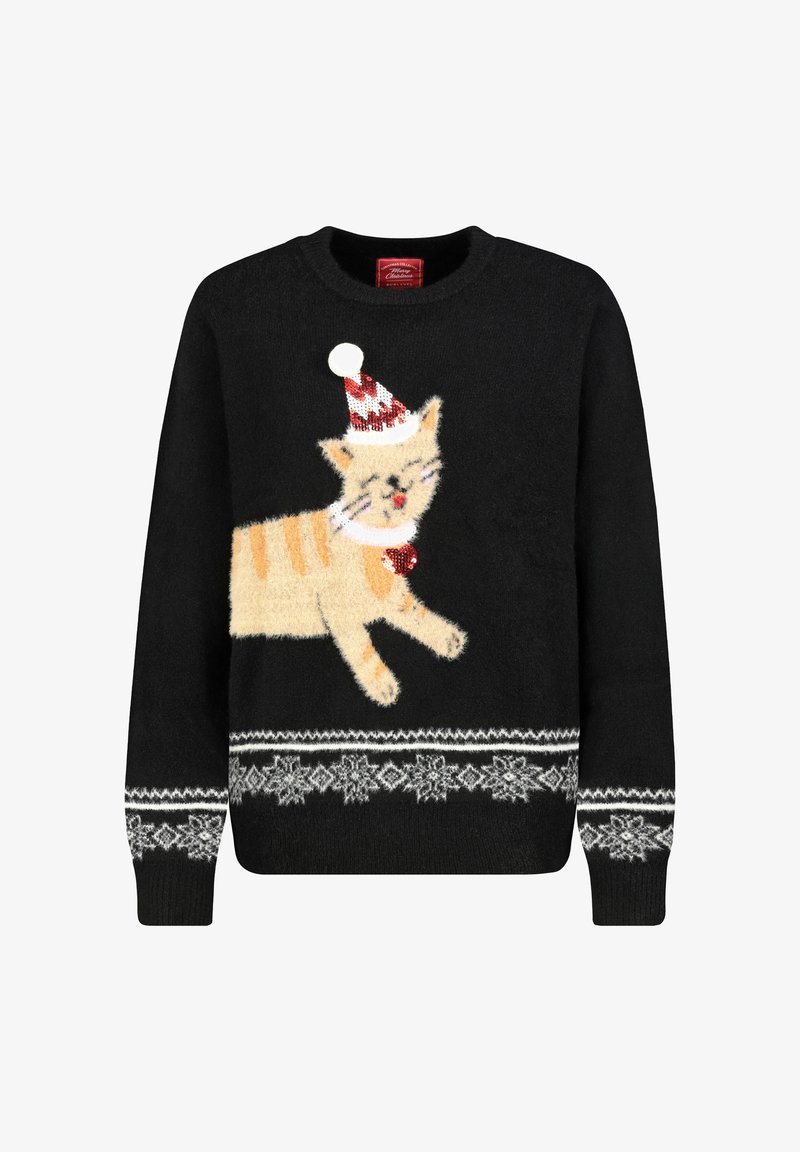 Black sweater with a fluffy orange cat design wearing a red and white striped hat. Features white snowflake patterns on the hem and cuffs.