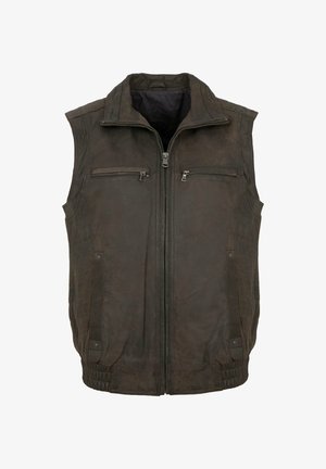 Ärmellose dunkelbraune Lederweste mit Frontreißverschluss, zwei oberen Reißverschlusstaschen und zwei unteren Taschen mit Druckknopfverschluss.