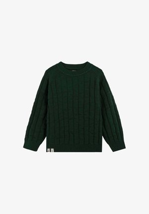 Suéter de punto verde oscuro con patrón de cables, mangas largas, cuello, puños y dobladillo acanalados, y una pequeña etiqueta en la parte inferior izquierda.