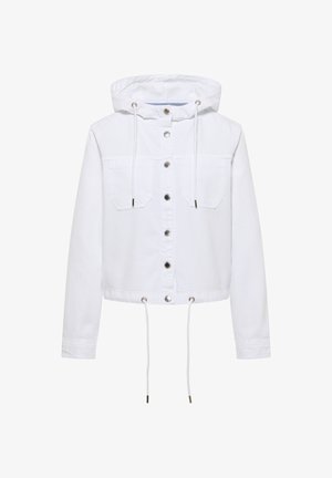 Valkoinen hupullinen takki, jossa pitkät hihat, napillinen edessä, kaksi rintataskua ja säädettävät kiristysnyörit hupussa ja helmassa.